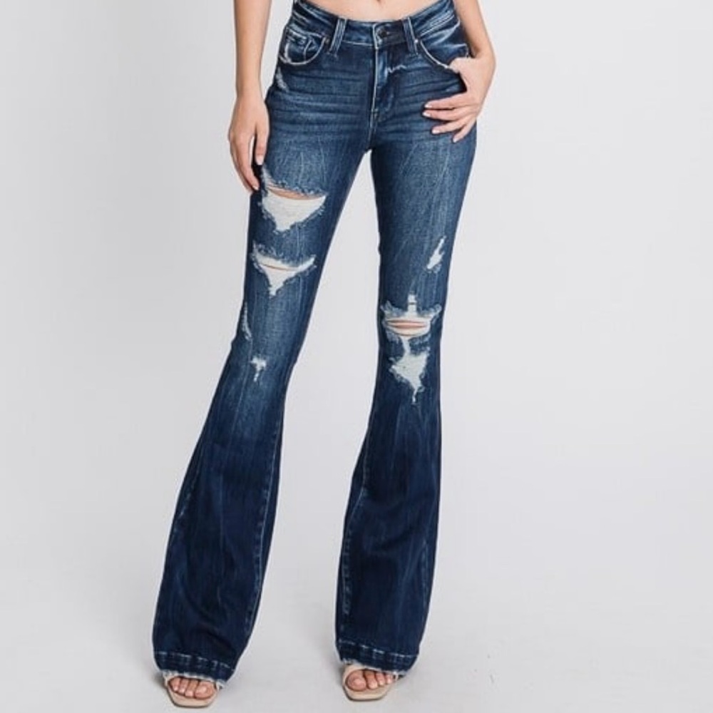 PREMIUM PETRA153 buckle denim jean flare distressed boho western sizes 14W